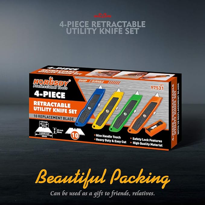 HORUSDY 4-Pack Box Cutter Utility Knife, Heavy Duty Aluminum Shell Retractable Box Cutter for Cardboard, Boxes and Cartons, Extra 10 Blades