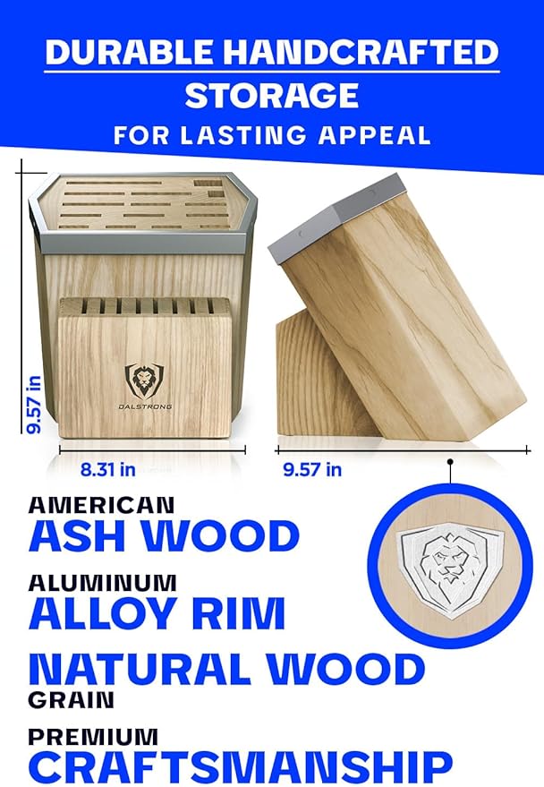 DALSTRONG Universal Knife Block - 23 Slots - Premium American Ash Wood - Aluminum Alloy Rim Kitchen Set - Lion Head Logo Badge - Premium Craftsmanship Knife Set - Angled For Ergonomics - Cleans Easily