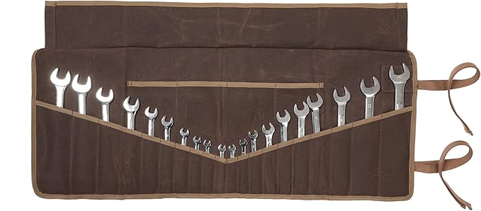 Tool Roll, Wrench Organizer Roll Up Tool Pouch with 24 Pockets Durable Waxed Canvas 16 OZ Portable Tool Storage Carrier Bag(33.5 X 13.5 IN Brown)