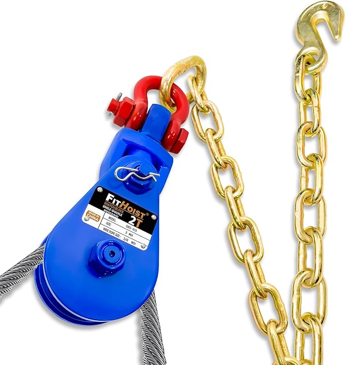 2 Ton Snatch Block with G80 Chain | 3'' Sheave for 3/8" Inch Wire Rope | Pulley Block with Shackle for Heavy Duty Towing and Recovery Equipment | Tow Truck Rollback Wrecker Car Hauler Winch