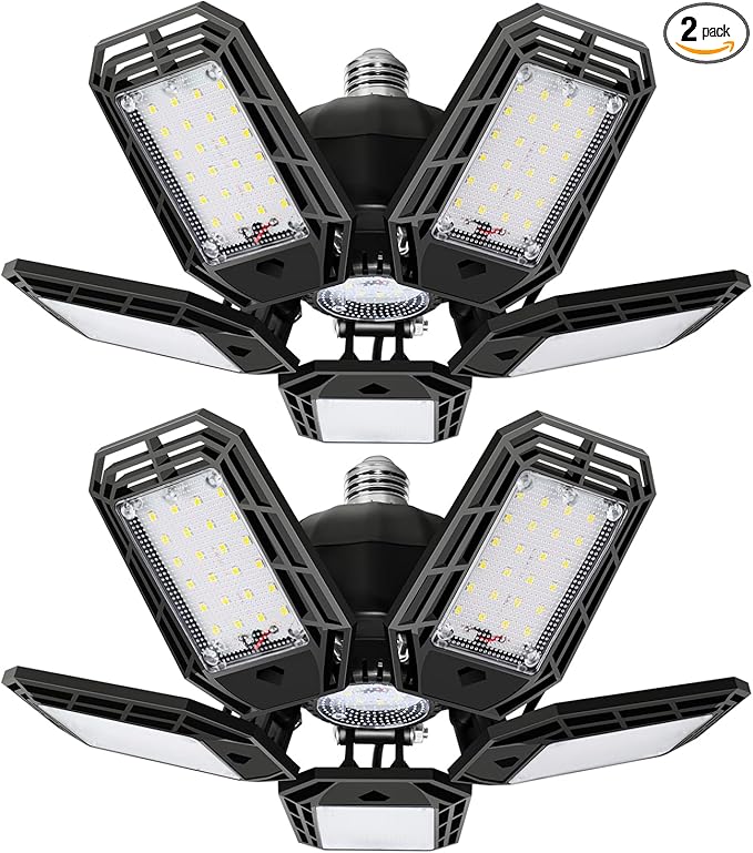 2 Pack LED Garage Light, 150W Ultra Bright Shop Light with 5 Adjustable Panels,15000LM 6500K E26E27 Deformable Ceiling Lights for Garage, Workshop