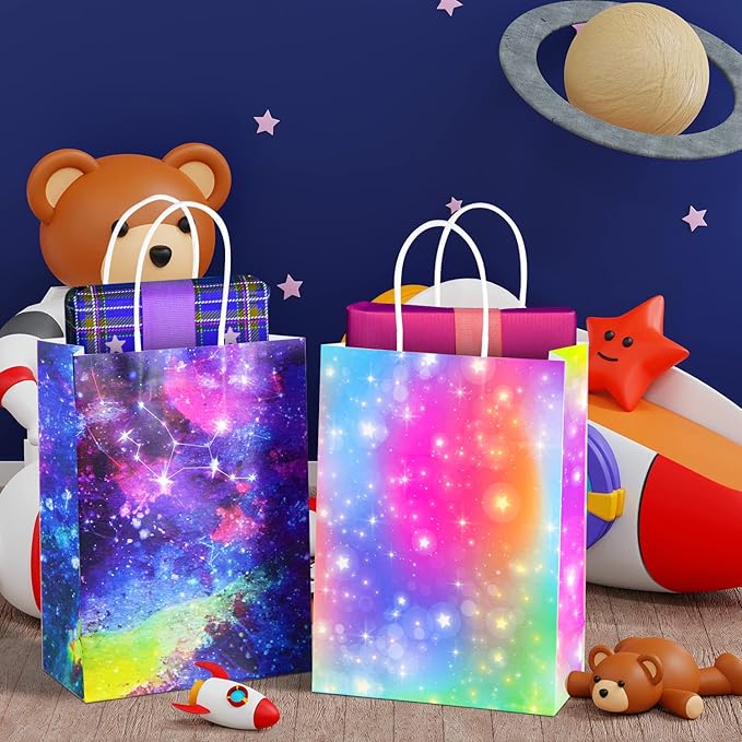 GITMIWS 24 Pack Galaxy Gift Bags with Tissues - 8.7'' Small Galaxy Party Favor Bags with handles, Paper Goodie Treat Bags for Kids Birthday, Baby Shower Galaxy Party Supplies
