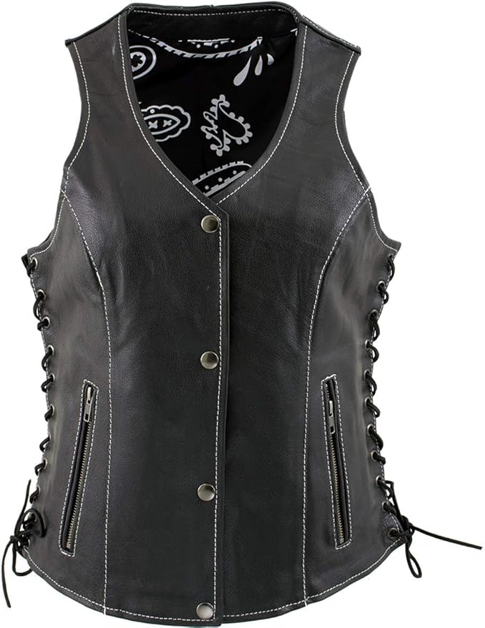 XS1029 Women's 'Paisley' Black Motorcycle Leather Vest with Side Lace Adjustment