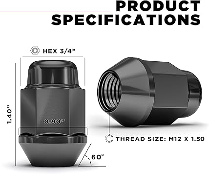 White Knight 1707SBK-20AM Black Chrome M12x1.50 Bulge Acorn Lug Nut, 20 Pack