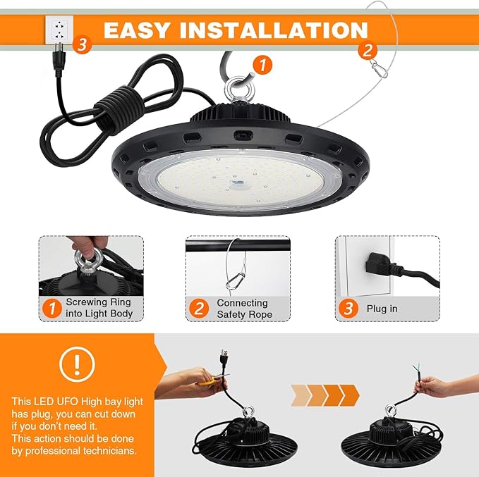 100W UFO LED High Bay Light 15000lm 5000K IP65 UL Approved 5' Cable with US Plug Alternative to 400W MHHPS widely Used for Warehouse Shop Workshop Industrial Factory