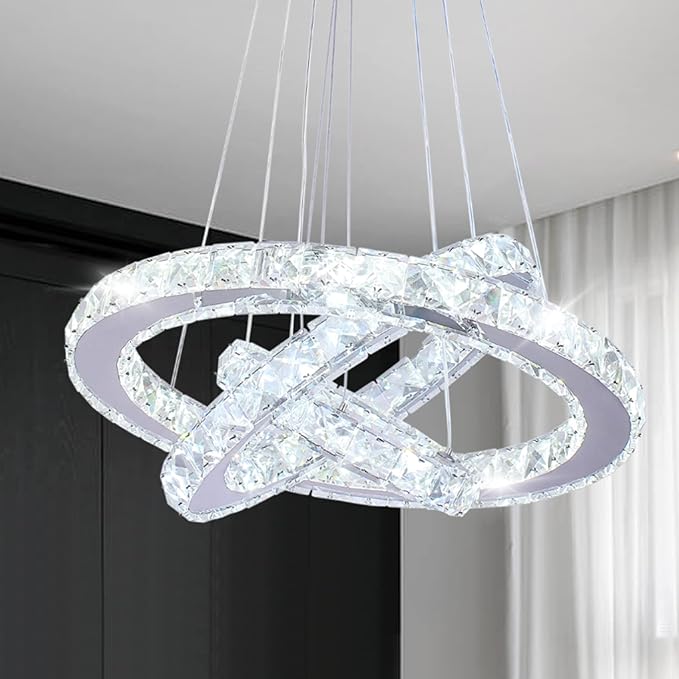 Winretro Modern LED Chandeliers Crystal Chandelier 3 Ring Round Pendant Lighting Adjustable Stainless Steel Ceiling Light Fixture for Living Room Dining Room Bedroom