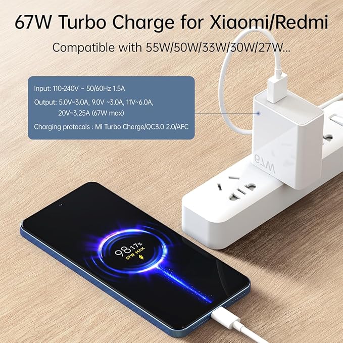 67W For Xiaomi Charger Turbo Fast Wall Block for Xiaomi Mi 15 14 13 12 14t 12t 12s 10 Pro Lite Redmi Note K80 K60 K50 11 11s 12 Pro Plus Poco F5 X5 F4 X4 Gt Black Shark 3 4 5 Pro Hypercharge 5ft Cable