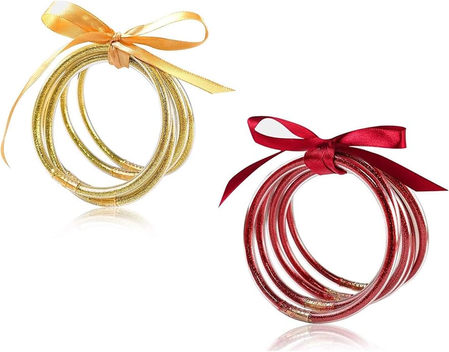 MJartoria Bundle Glitter Jelly Bangles Bracelets Set Glitter Filled Jelly Silicone Bracelets for Women Girls (Red)