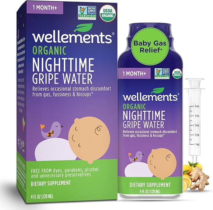 Wellements Organic Nighttime Gripe Water for Babies 1 Month (4 Fl Oz) - Baby Gripe Water for Bedtime Relief Gas, Colic Fussiness - Herbs Promote a Peaceful Nights Sleep - USDA Certified Non GMO