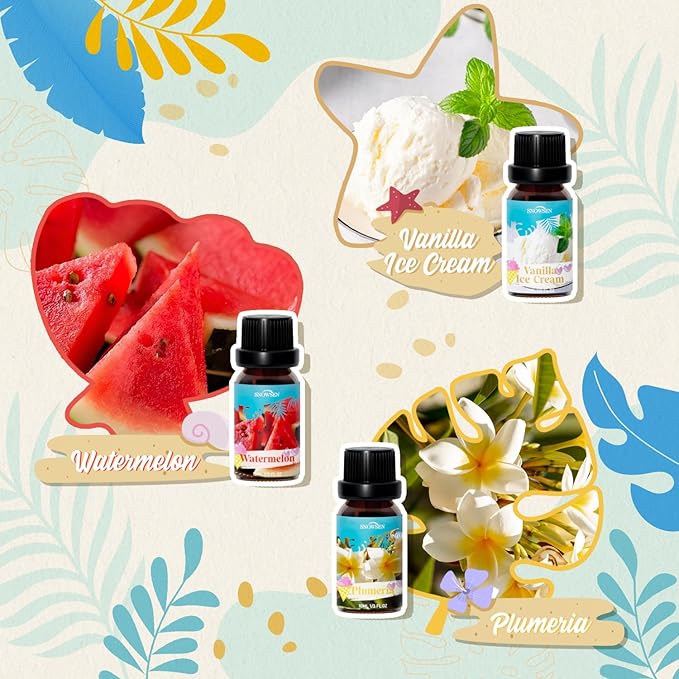Summer Essential Oil Set of 6 Premium Fragrance Oils - Includes Watermelon, Coconut, Ocean Breeze, Plumeria, Vanilla Ice Cream & Pina Colada Diffuser Oils, Candle Making Scents