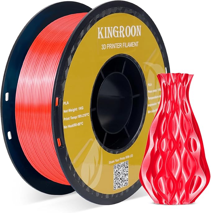 Kingroon Silk PLA 3D Printer Filament, Dimensional Accuracy - 0.03 mm, 1 kg Spool(2.2lbs), PLA Shiny Filament 1.75 mm (Red)