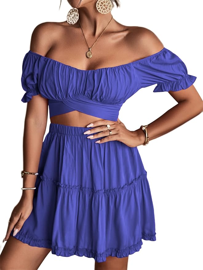 LYANER Women's 2 Piece Outfits Floral Off Shoulder Tie Up Crop Top and Mini Skirt Set