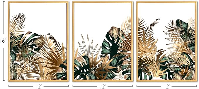 Loomarte Framed Plant Wall Art Simple Tropical Green Leaves Wall Decor Boho Palm Botanical Prints Minimalist Pictures Home Decorations for Living Room Bedroom Bathroom 12x16 Inches Golden Frame,3 PC