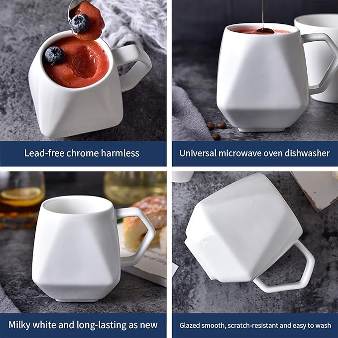 Coffee Mug,White Coffee Mugs, Ceramic Irregular Angular Tea Cup with Handle for Travel School Office Party Camping and Home Dishwasher, and Microwave Stylish Birthday Gift