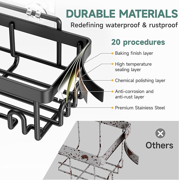 Veken Stainless Steel Shower Caddy 6-Pack, No Drilling Rustproof, Waterproof Adhesive Shelves Rack with Soap Holder, Large Capacity Bathroom Organizers and Storage, Wall-Mounted Kitchen Home Decor