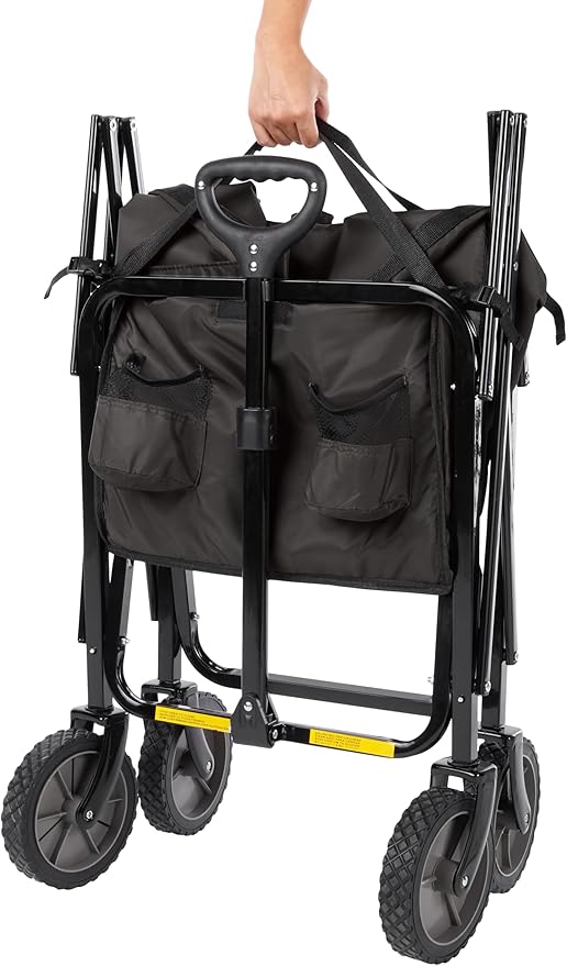 Basics Collapsible Folding Outdoor Utility Wagon for Sports, Garden, Camping, and Shopping, Heavy Duty, Large Capacity, Black