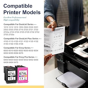 67XL Ink Cartridge Compatible for HP 67XL Ink Cartridges Black Color Combo Pack Compatible for HP Ink 67 Fit for DeskJet 2700e 2855e 2755e 2700 4155e 2734e 4100e Envy 6055e 6000 6455e Printer
