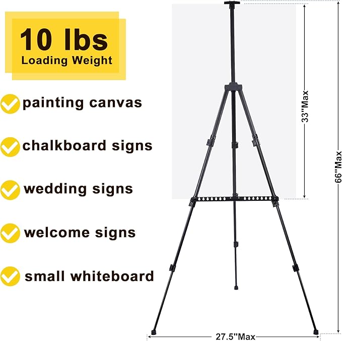 Easel for Painting Art Easel Stand for Adults 17" to 66" Portable Easel Stand for Sign Table TopFloor Aluminum Metal Easel with Carry Bag Black