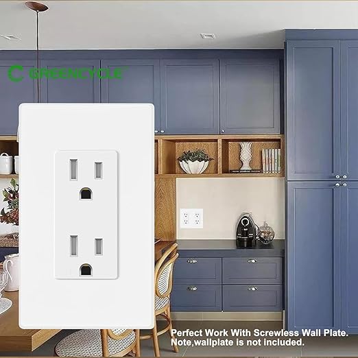 White Outlet,Greencycle 110V Outlet,2 Pack 15 Amp Decora Tamper Resistant Outlet,5-15R,3 Wire Square Outlet Wall Plug,Residential Commercial Grade,Ultra-Slim,Heavy Duty,Self-Grounding,ULCul