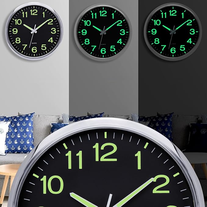 Wall Clock 12 inch Glow in The Dark Wall Clocks Battery Operated Night Lighted Large Wall Clocks Silent Non Ticking Silver Analog Clock for Living Room Kitchen Bedrooms Office Farmhouse Home Decor
