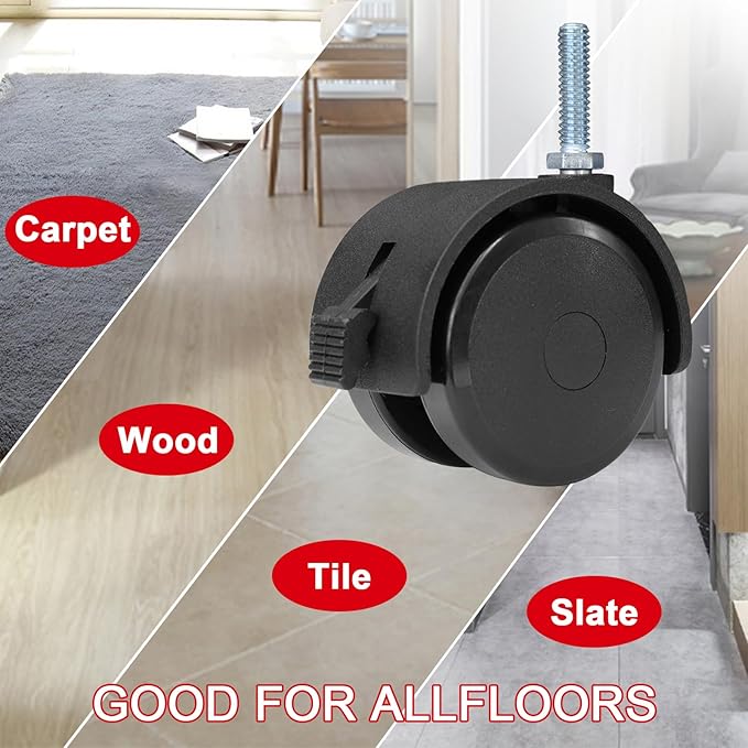 AAGUT 2" Swivel Stem Casters with Locking Brake Threaded 14" - 20 x 1 for Furniture and Shelves, Black Replacement Castors, Pack of 4