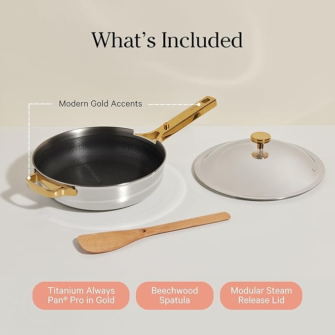 Our Place Titanium Always Pan Pro - 10.6 (2.8 Qt) No-Coating Nonstick Technology Tri-Ply Titanium Stainless Steel Safe for Oven, Induction Cooktops up to 750F Beechwood Spatula Gold