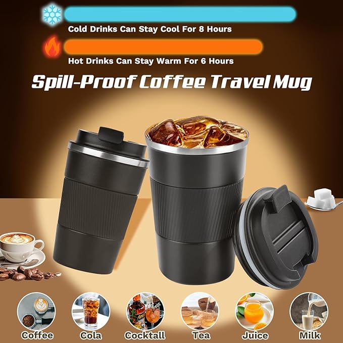 Vacuum-Insulated Stainless Steel Travel Coffee Mug, Leak-Proof Reusable Coffee Cup with Lid - Keep Hot Cold Drinks for Hours, Durable Thermos Tumbler for Men Women (3rd-Black, 12OZ)