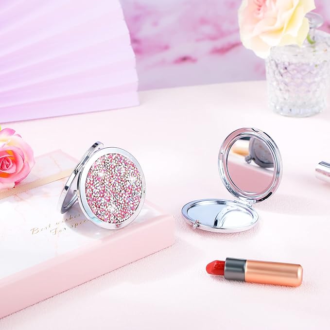 Maitys Compact Mirror Bulk for Purses Small Cosmetic Folding 2.75 Inch Round Diamond Bling 1X 2X Magnifying Pocket Makeup Mirror for Women Wedding Gift, Pink Silver