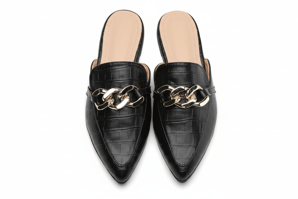 Metal Chain Decor Flat Mules for Women Closed Pointed Toe Slip on Loafers Slides Backless Mules Shoes