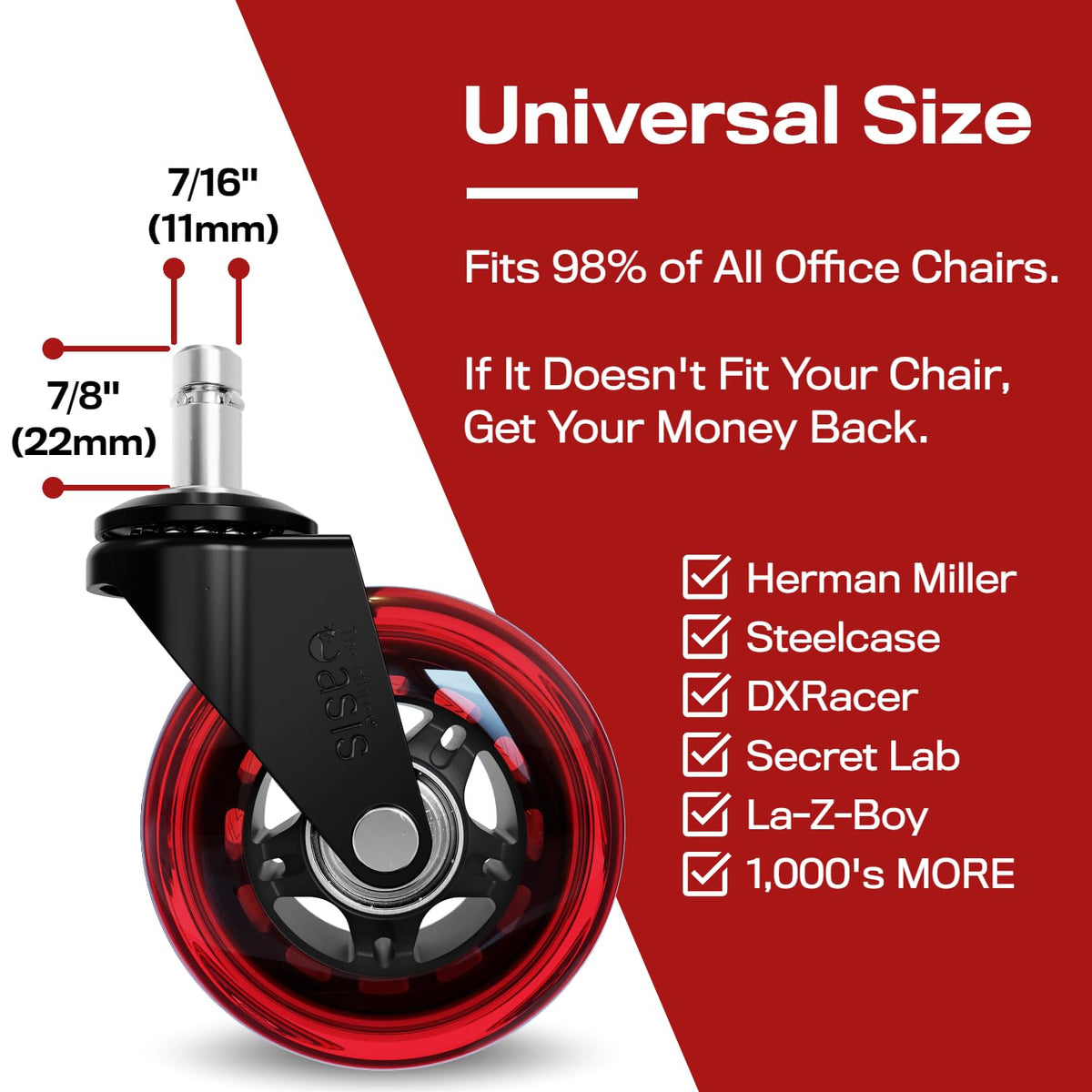 The Office Oasis Original Rollerblade Office Chair Wheels (3 Wheels) - Smooth & Quiet Casters - Safe for Hardwood Floors & Carpet - Easy Installation with Universal Fit - Set of 3 - Red