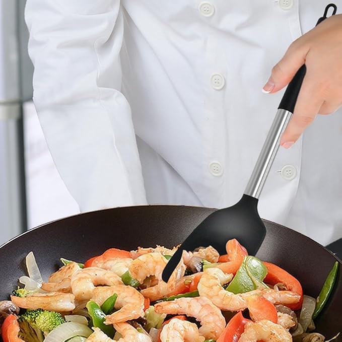 2Pcs Silicone Spatula Slotted Cooking Spatula Food Grade Heat Resistant Dishwasher Safe Frying Fish Eggs Non-stick Pot Cooking Turner Cookware Utensils Kitchen Supplies Black