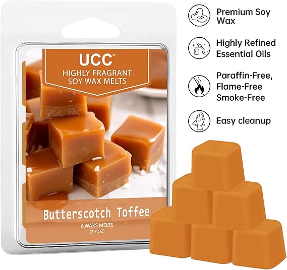 UCC Plant Based Natural Wax Melts, Strong Fragrance, Long Lasting Premium Soy Scented Melts Cubes, Wax Melts Tarts, Colored Wax Melt - 4 Pack, Butterscotch Toffee