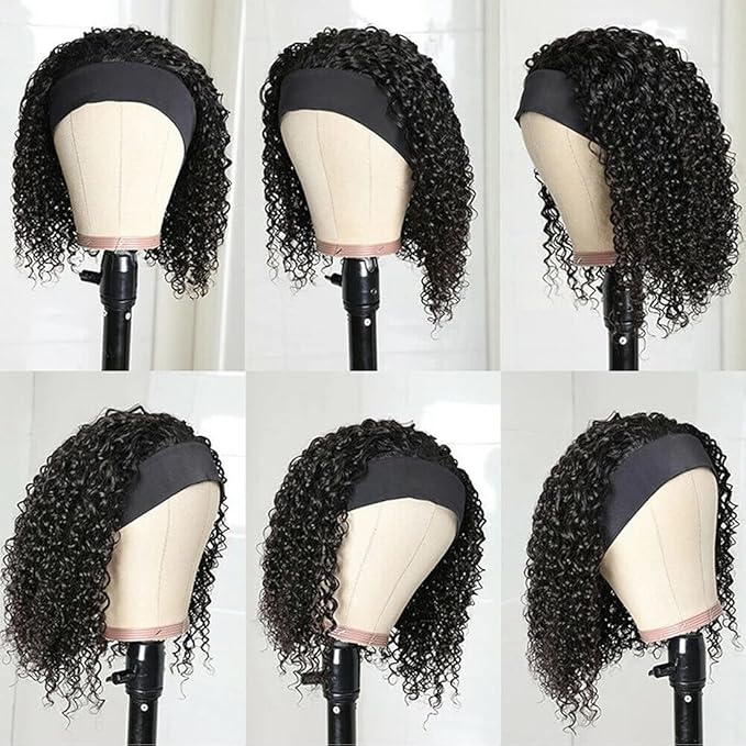 Deep Wave Headband Wig Human Hair 12 Inch Curly Headband Wigs for Black Women Human Hair Glueless None Lace Front Wigs Brazilian Virgin Hair Wig Machine Made 150 Density Natural Black Color
