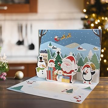 3D Christmas Pop Up Card 3D Cute Holiday Greeting Cards Santa Snowman Gift For Christmas or Holidays Set Includes Card Envelope and Sticker