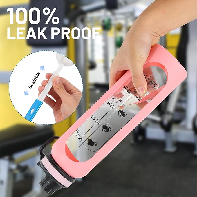 Glass Shaker Bottle,34oz/1L BPA-Free Blender Shaker Bottle With 304SS Ball and Retractable Cleaning Brush for Protein Mixes Fitness(Pink)