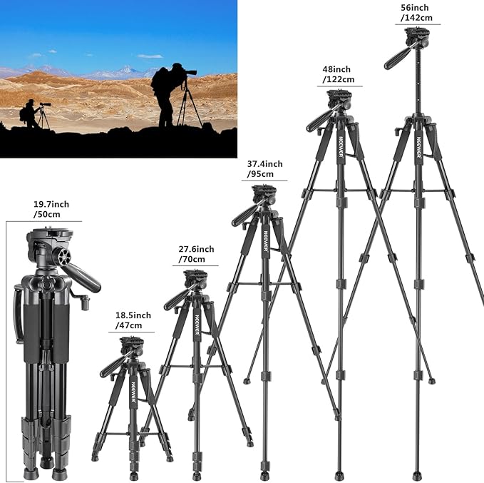 Neewer Portable 56 inches142 centimeters Aluminum Camera Tripod with 3-Way Swivel Pan Head,Bag for DSLR Camera,DV Video Camcorder Load up to 8.8 pounds4 kilograms Black(SAB234)