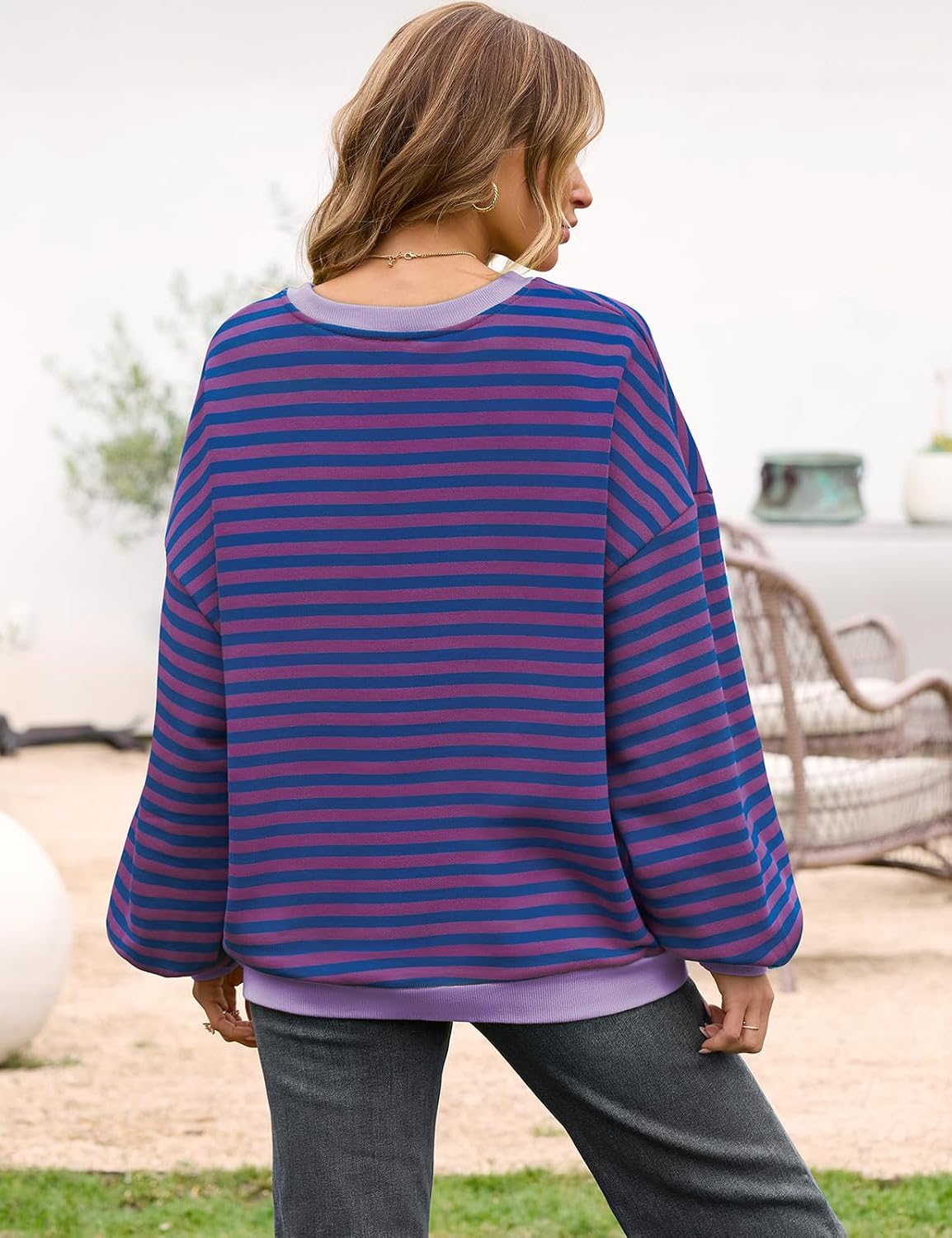UEU Women Oversized Striped Crewneck Sweatshirt Long Sleeve Color Block Pullover Tops Casual Loose Workout Shirt