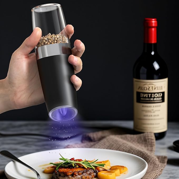 CIRCLE JOY Gravity Electric Pepper Grinder Salt Grinder Pepper Griner Mill Electric with LED Light, Battery Operated, Adjustable Coarseness, Washable 135ml Container, Black