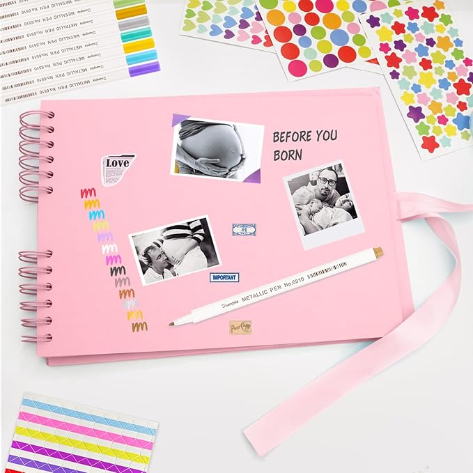 EVNEED 11.5 x 8.5 Inch Scrapbook Photo Album,Wedding Guest Book Anniversary Memory Scrapbooking,Wedding Photo Album with DIY Accessories Kit for Craft Paper DIY,Xmas Gift,80 Pages (40 Sheets),Pink