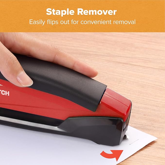 Bostitch Office Executive 3 in 1 Stapler, Includes 210 Staples and Integrated Staple Remover, One Finger Stapling, No Effort, 20 Sheet Capacity, Spring Powered Stapler, Red