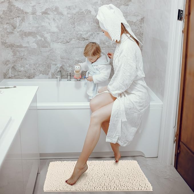 TECHMILLY Soft Fluffy Chenille Bathroom Rugs, Non Slip Absorbent Bath Mats for Bathroom, Washable and Quick Dry, Navy, 17" x 24"