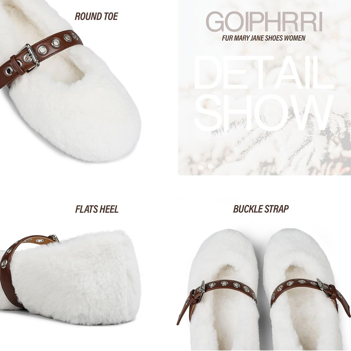 Goiphrri Fur Mary Jane Shoes Women Comfortable Ballet Flats Shoes Round Toe Casual Cute Mary Janes Womens Ballerina Flats with Buckle Strap.