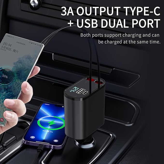 Retractable Car Charger, 4 in 1 Fast Car Charging 60W, Compatible for iPhone 16 Car Travel Essentials Charger, Women Men for Gifts USB C Car Honda Civic Accessories Adapter Compatible for iPhone 16 15