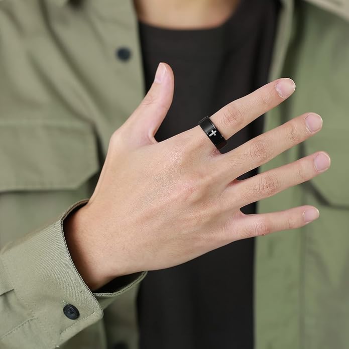 6mm/8mm Titanium Steel Black/Silver/Gold Fidget Ring Engraved Small Cross Stainless Steel Spinner Rings Stress Relieving Anxiety Ring Engagement Wedding Promise Band for Women Men Size 5-15