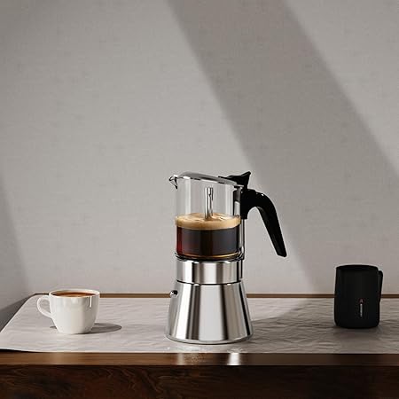 Moka Induction Stovetop Espresso Maker,Crystal Glass-top Stainless Steel Espresso Moka Pot,Classic Italian coffee maker,240ml(6cup)