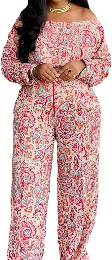 Yuopeid Women's Floral 2 Piece Outfit Loose Off Shoulder Long Sleeve Ruched Top and Elastic Wide Leg Pant with Pockets