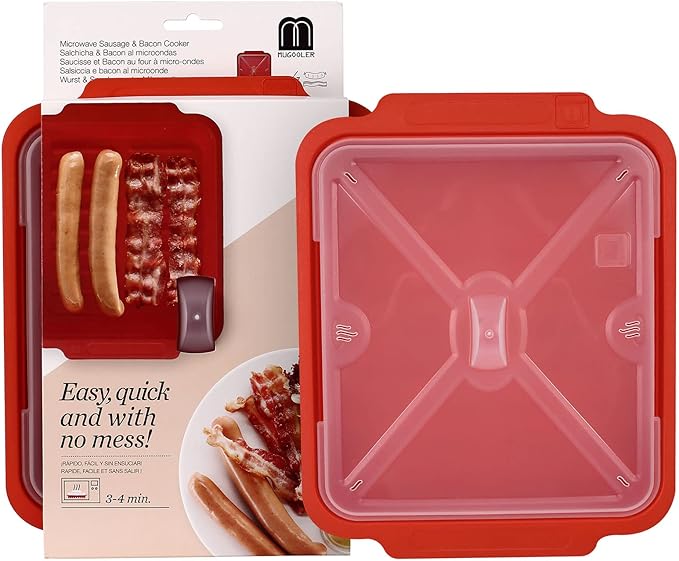 MMUGOOLER Microwave Easy Bacon Maker/Cooker with Lid, Safety, Quick and with No Mess, 11.3" L x 9.0" W x 2.4" H- Red