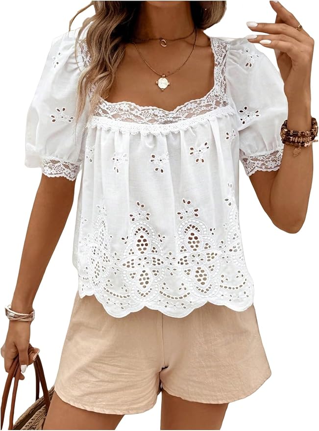 SweatyRocks Women's Square Neck Puff Sleeve Eyelet Lace Hollow Out Embroidered Top Blouse