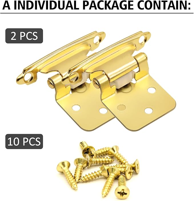 12" Overlay Kitchen Cabinet Door Hinges, 6 Pack (3 Pairs) Brass Gold Self Closing Cabinet Hinge Hardware for Kitchen Cabinet Doors