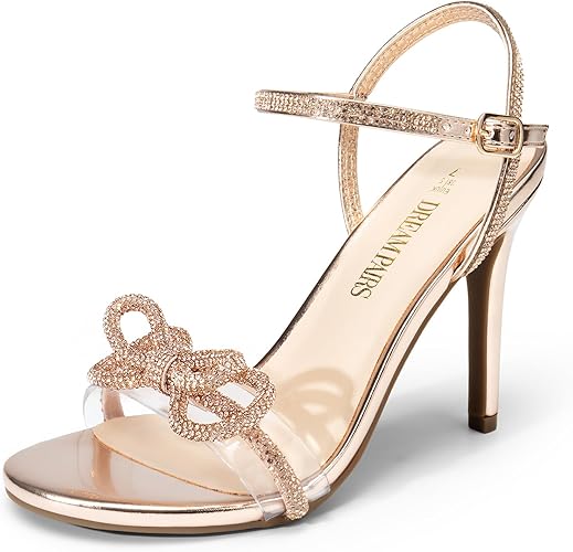 DREAM PAIRS Women's Heels Round Toe Rhinestone Double Bowknots Sparkly Stilettos Heeled Sandals Shoes for Party Evening